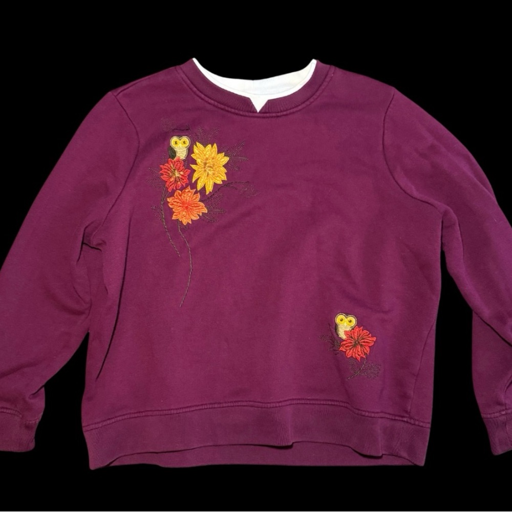 Vtg 90s Breckenridge Burgundy‎ Sweater Cotton Blend  Fall Owls Leaves Embroidery